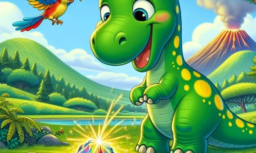 Ein großer Diplodocus namens Dippy, mit grüner Haut und gelben Flecken, steht fröhlich im Mittelpunkt des Bildes, die Augen vor Aufregung leuchtend, während er mit seinen Füßen den Boden kratzt, um ein geheimnisvolles, glänzendes Objekt zu entdecken. In der Nähe beobachtet ein kleiner, bunter Vogel mit roten und blauen Federn Dippy neugierig, während er auf einem Stein sitzt. Der Hintergrund zeigt eine grüne Landschaft mit sanften Hügeln, üppigen Bäumen und einem majestätischen Vulkan, der in der Ferne leicht raucht. Die Szene zeigt Dippy, der einen wunderschönen, schimmernden "magischen" Stein entdeckt, der leuchtende Farben ausstrahlt und das erstaunte Gesicht des Diplodocus erhellt.