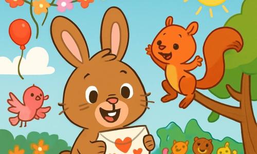 Un pequeño conejo llamado Pepe, con grandes orejas y un pelaje suave y marrón, está en el centro de la imagen, mostrando una sonrisa alegre y ojos brillantes de emoción. Sostiene una carta decorada con corazones en sus patas delanteras, de pie sobre sus patas traseras en un campo verde.

A su lado, una pequeña ardilla llamada Lola, con pelaje rojizo y una cola esponjosa, salta de alegría, sus ojos brillando de curiosidad. Está posada en una rama de árbol, mirando a Pepe con entusiasmo.

En el fondo, el Gran Claro del Bosque de los Corazones está lleno de globos de colores, guirnaldas de flores y animales alegres celebrando la fiesta de San Valentín. El cielo es azul y soleado, con nubes blancas esponjosas.

La situación principal muestra a Pepe descubriendo su carta misteriosa, rodeado de sus amigos, todos ansiosos por descubrir quién es su admirador secreto, creando una atmósfera de alegría y amistad.