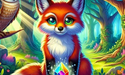 Ein junger Fuchs mit funkelnden Augen und leuchtend rotem Fell steht im Mittelpunkt der Szene und zeigt einen Ausdruck von Entschlossenheit und Staunen. Er schaut auf einen wunderschönen, bunten Kristall, der intensiv strahlt und sein Gesicht mit Regenbogenreflexen erleuchtet. An seiner rechten Seite sitzt eine große, weise Eule mit silbernen Federn auf einem Ast. Ihre runden, durchdringenden Augen drücken Weisheit und Güte aus, während sie den Fuchs mit einem leichten Lächeln beobachtet, als wäre sie stolz auf ihn. Die Szenerie ist eine verzauberte Lichtung im Herzen eines dichten Waldes, wo große Bäume mit knorrigen Stämmen in den Himmel ragen und ihre Blätter ein grünes Dach bilden. Bunte Blumen sprenkeln den Boden, und ein sanfter Lichtstrahl filtert durch die Äste und schafft eine magische Atmosphäre. Die Hauptsituation zeigt den Fuchs, der den magischen Kristall im Zentrum eines alten Steinkreises entdeckt, was seinen Mut und seine Abenteuerlust symbolisiert, während die Eule über ihn wacht, bereit, ihm weise Ratschläge zu geben.