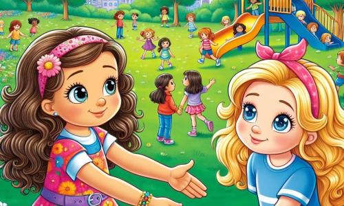 In a sunny park, a 6-year-old girl named Lily, with curly blonde hair, wears a colorful flower dress and displays a big joyful smile. She is reaching out to a new friend, Mia, with an encouraging and kind expression. Mia, a 6-year-old girl with long brown hair and sparkling eyes, wears a blue t-shirt and jeans. She stands a bit back, but her face shows a glimmer of hope as she looks at Lily, ready to join the group. The park is filled with lush trees, bright flowers, and a large colorful slide, where other children are playing happily. The sky is blue with a few white clouds, and the atmosphere is full of laughter and camaraderie. The main situation shows Lily encouraging Mia to join them to play together, illustrating the theme of tolerance and friendship among children from different cultures.
