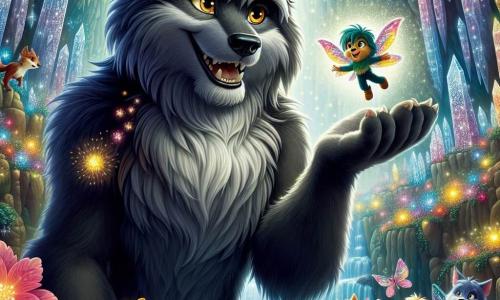 A majestic werewolf named Wally stands at the center of the scene, with shaggy, shiny fur in shades of gray and black, and his golden eyes sparkling with kindness. He wears a warm smile, showing he is both strong and friendly, as he reaches out a paw towards a group of Flufflings. Pip, a small Fluffling with colorful wings and fluffy fur, joyfully flies around Wally, his face beaming with excitement and courage. He has sparkling curious eyes and carries a small backpack filled with supplies. The setting takes place in the beautiful Crystal Cave, where the walls shimmer with thousands of colorful crystals, illuminating the space with magical light. Bright flowers and sparkling stalactites enhance the enchanting beauty of the place. The main scene shows Wally and Pip, surrounded by Flufflings, celebrating their friendship and victory after overcoming challenges together, in a moment of joy and camaraderie, with bursts of light and vibrant colors dancing around them.
