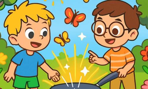 Er zijn 2 hoofdpersonages: - Lars: een 8-jarig jongen met rommelig blond haar en sprankelende ogen. Hij draagt een blauwe t-shirt en groene shorts. Hij staat links en kijkt verwonderd naar de grote glanzende pan. - Sam: een 7-jarig jongen met bruin haar en ronde bril. Hij draagt een gestreepte shirt en beige broek. Hij staat rechts van Lars, glimlachend en wijst naar de pan. De situatie speelt zich af in een prachtige zonnige tuin, vol kleurrijke bloemen en groene bomen. In het midden schittert een grote metalen pan in de zon, omringd door kleurrijke vlinders die eromheen vliegen. De hoofdscène toont Lars en Sam, verwonderd, hand in hand voor de magische pan, klaar om een tijdreisavontuur te beginnen. Ze hebben nieuwsgierige en opgewonden gezichten, terwijl lichtflitsen uit de pan komen, wat een ongelooflijk avontuur belooft.