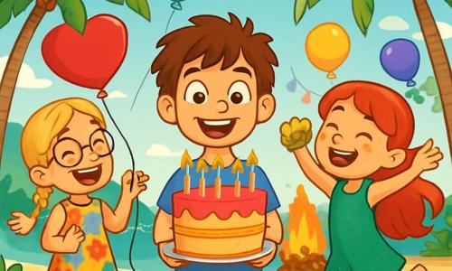 Er zijn 3 personages: - Floris: een 12-jarig jongen met rommelig bruin haar en sprankelende nieuwsgierige ogen. Hij draagt een blauwe t-shirt en een beige short. Hij staat in het midden, glimlachend, met een groot stuk verjaardagstaart in zijn handen. - Lotte: een 12-jarig meisje met gevlochten blond haar en ronde bril. Ze draagt een kleurrijke bloemenjurk en sandalen. Ze staat links van Floris, lachend en met een hartvormige ballon. - Nami: een 12-jarig meisje met felrood haar en een glinsterende groene jurk. Ze heeft blote voeten en schelpenoren, als een kleine zeemeermin. Ze staat rechts van Floris, springend van blijdschap, met een gouden schelp in haar hand. De locatie is een tropisch strand met fijn, goudkleurig zand, palmbomen die zachtjes in de wind wiegen, en een turquoise zee die schittert onder de zon. Op de achtergrond is er een groot kampvuur omringd door kleurrijke lichten en slingers, wat een feestelijke sfeer creëert. De hoofdscène toont Floris, Lotte en Nami die Floris' verjaardag vieren, omringd door kleurrijke ballonnen en gelach, met een grote verjaardagstaart versierd met glinsterende kaarsen in het midden van de afbeelding. De kinderen zijn blij, klaar om een wens te doen voordat ze de kaarsen uitblazen.