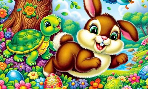 Hopsi, ein kleiner Hase mit großen Ohren und weichem, braunem Fell, springt fröhlich in einem bunten Garten, umgeben von leuchtenden Blumen und großen grünen Bäumen. Neben ihm lächelt eine kleine Schildkröte mit einem grünen Panzer und funkelnden Augen, während ein blauer Vogel mit glänzenden Federn über ihnen fliegt und fröhlich singt. Der Garten ist voller bunten Blumen, dichten Büschen und einem großen Baum mit einem knorrigen Stamm, unter dem ein Haufen glänzender, bunter Ostereier liegt. In dieser Szene entdecken Hopsi und seine Freunde mit Staunen die versteckten Eier, lachen und spielen zusammen im Geiste des Osterfestes.