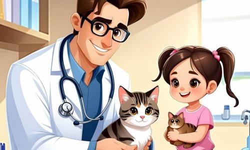 Un veterinario uomo, di circa trent'anni, con capelli castani disordinati e occhiali rotondi, mostra un sorriso caloroso e concentrato. Indossa un camice bianco, leggermente macchiato, e tiene uno stetoscopio in mano, chinato verso una piccola gattina tigrata sul tavolo dell'esame. Accanto a lui, una bambina di sette anni, con capelli biondi intrecciati e occhi brillanti, osserva con curiosità. Indossa una maglietta rosa e un pantaloncino di jeans, tenendo un peluche di gatto tra le braccia, pronta a incoraggiare Mirtilla. La scena si svolge in una clinica veterinaria luminosa, con pareti dipinte di verde pastello, poster di animali appesi e una grande finestra che lascia entrare la luce del sole, illuminando l'angolo con i giocattoli per animali. Il veterinario esamina attentamente la gattina, che fa le fusa dolcemente, mentre la bambina sorride, affascinata dalle cure riservate alla sua amica a quattro zampe.