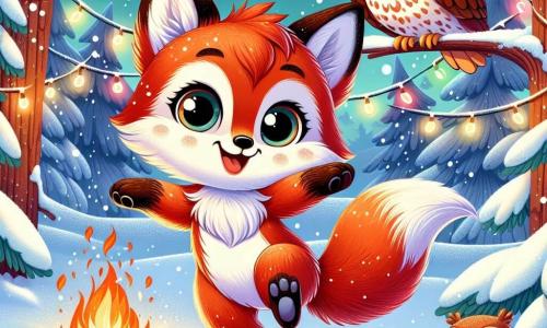 Una piccola volpe dai brillanti peli rossi, con grandi occhi lucenti di curiosità e un sorriso gioioso, danza nella neve fresca, mentre le sue zampe si affondano leggermente nel manto bianco. Vicino a lei, un saggio gufo dalle piume marroni e bianche, con occhiali tondi sul naso, osserva la scena con uno sguardo benevolo e un leggero sorriso sul becco, posato su un ramo d'albero innevato. Il paesaggio è una foresta incantata, con alberi coperti di neve scintillante e ghirlande di luci colorate che illuminano l'ambiente, creando un'atmosfera magica. La scena principale mostra la volpe che danza gioiosamente attorno a un falò, circondata da altri animali che la incoraggiano, celebrando insieme la bellezza dell'inverno e l'amicizia.