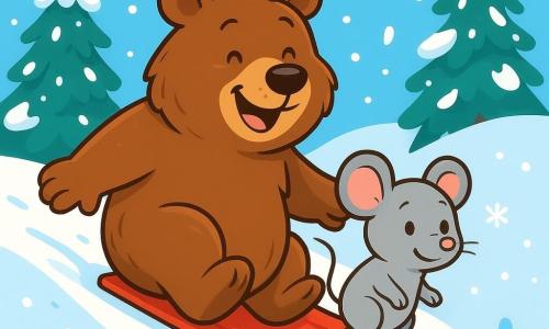 Ein großer Braunbär namens Brumm mit weichem, dickem Fell lächelt fröhlich, während er einen verschneiten Hang hinunterrutscht. Seine Augen funkeln vor Aufregung und seine Nase ist leicht feucht vor Freude. Neben ihm schaut eine kleine graue Maus namens Mimo mit großen runden Ohren und einem zitternden Körper mit funkelnden Augen voller Staunen zu. Sie steht auf ihren Hinterbeinen, bereit zu rutschen, mit einem schüchternen Lächeln im Gesicht. Die Kulisse ist eine wunderschöne Winterlandschaft mit majestätischen, schneebedeckten Bäumen, sanft fallenden Schneeflocken vom hellblauen Himmel und einem großen Schneehaufen in der Mitte, wo die Freunde spielen wollen. Die Hauptszene zeigt Brumm und Mimo, die sich darauf vorbereiten, gemeinsam vom Gipfel des Hügels zu rutschen, umgeben von Lachen und Freude, und den spielerischen und warmen Geist eines Wintertages einfangen.