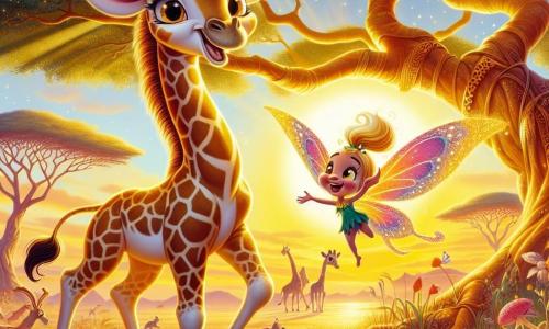 Una jirafa llamada Gigi, con un largo cuello elegante y manchas doradas en su pelaje, se encuentra alegremente bajo un majestuoso árbol de hojas doradas, su mirada llena de emoción y curiosidad. A su lado, un pequeño duende llamado Tico, con alas de mariposa coloridas y una sonrisa radiante, vuela a su alrededor gesticulando con entusiasmo. El escenario es una vibrante sabana africana, bañada por la luz dorada del sol poniente, con hierbas altas y siluetas de animales al fondo. Gigi y Tico se preparan para hacer un deseo en el gran árbol de los deseos, rodeados de una atmósfera mágica y alegre, llena de risas y amistad.