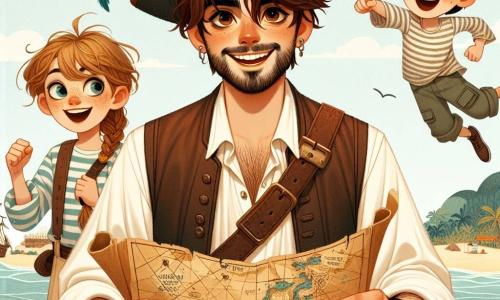 Al centro dell'immagine, Marco, un uomo di circa trent'anni con capelli castani disordinati e una leggera barba, si tiene fiero e determinato, con lo sguardo brillate di eccitazione. Indossa un cappello da pirata decorato con una piuma colorata, una camicia bianca con le maniche arrotolate e un gilet di pelle. Nella sua mano tiene una vecchia mappa del tesoro, mentre indica un'isola misteriosa all'orizzonte, il suo viso illuminato da un grande sorriso. Alla sua destra, Timmy, un ragazzo di 12 anni con capelli biondi e lentiggini, salta di gioia con le braccia alzate. Indossa pantaloni di tela e una camicia a righe, e il suo viso esprime una gioia contagiosa, pronto per l'avventura. A sinistra, Isabella, una giovane donna di circa 25 anni con lunghi capelli neri intrecciati, osserva attentamente la mappa. Indossa un abito da marinaio e una sciarpa colorata intorno al collo, la sua espressione è concentrata e riflessiva, pronta a guidare i suoi amici attraverso i misteri dell'isola. Lo scenario si svolge sul ponte de La Nave dei Sogni, una magnifica imbarcazione con vele blu e verdi, che oscilla dolcemente sulle onde scintillanti di un oceano turchese. Sullo sfondo si vede un'isola verdeggiante, bordata di palme e fiori colorati, sotto un cielo blu punteggiato di nuvole bianche. La scena principale mostra Marco e il suo equipaggio, pronti a partire alla ricerca di un tesoro nascosto sull'isola delle meraviglie, pieni di eccitazione e attesa per l'avventura che li attende.