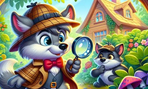 Un piccolo lupo detective di nome Lino, con un grande cappello da detective e una lente brillante, guarda con curiosità e determinazione. Il suo pelo è morbido e grigio, e i suoi occhi brillano di intelligenza. Si trova davanti a una grande casa di legno, nascosta tra alberi verdi e frondosi. Accanto a lui, un grande lupo dal pelo grigio scuro, con uno sguardo timido e un leggero sorriso, osserva Lino con ammirazione. Sembra un po' titubante ma felice di essere lì. La scena si svolge in una foresta incantata, dove i raggi del sole filtrano tra le foglie, creando ombre danzanti sul terreno. Fiori colorati e funghi dalle forme divertenti punteggiano il suolo della foresta. Lino e il grande lupo discutono insieme, Lino tiene la sua lente come se stesse cercando indizi, mentre il grande lupo sembra pronto a fare un passo verso una nuova amicizia.