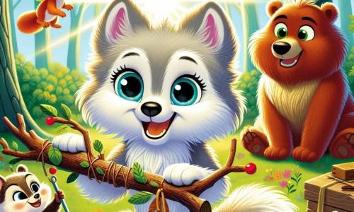 In the center of the image, a small wolf named Luna, with soft, fluffy light gray fur, displays a big smile radiating pride and determination. Her bright blue eyes sparkle with excitement as she holds an invented tool, the 