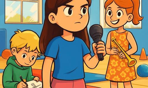Er zijn 3 personages: - Noor: een 10-jarig meisje met lang bruin haar, gekleed in een blauwe t-shirt en een roze short. Ze houdt een microfoon in één hand en kijkt vastberaden om zich heen. - Bram: een 10-jarige jongen met rommelig blond haar, gekleed in een groene hoodie en zwarte broek. Hij leunt over zijn schetsboek en tekent een scène in de gym. - Tess: een 11-jarig meisje met rood haar in een paardenstaart, gekleed in een bloemenjurk en witte sneakers. Ze staat naast Noor, glimlachend, met een kleine trompet in haar handen. De hoofdlocatie is een lichte gymzaal met grote ramen, lichtblauwe muren en een glanzende houten vloer. Kleurrijke gymmatten liggen op de vloer en sportuitrusting zoals ballen en kegels liggen verspreid. Zonnestralen filteren door de ramen en creëren heldere patronen op de vloer. De hoofdactie toont Noor, Bram en Tess die een verloren microfoon proberen te vinden. Noor staat in het midden, vastberaden, terwijl Bram aanwijzingen op zijn schetsboek tekent en Tess om zich heen kijkt, klaar om te helpen. De sfeer is vol opwinding en mysterie, met lichtflitsen die over de gezichten van de kinderen dansen.