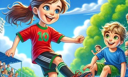 Una niña, Sofía, de unos 10 años, está en el centro de la imagen. Tiene el pelo largo y castaño recogido en una coleta, con una gran sonrisa que expresa alegría y determinación. Lleva un uniforme de fútbol colorido con una camiseta roja y pantalones cortos negros, driblando un balón con agilidad. A su derecha, un niño de 8 años, con el pelo rubio desordenado y ojos brillantes, la observa con admiración. Lleva una camiseta azul y pantalones cortos verdes, intentando imitar los movimientos de Sofía con un balón a sus pies. El escenario es un campo de fútbol verde, bajo un cielo azul brillante, con árboles de fondo y nubes blancas. La situación principal muestra a Sofía driblando el balón con facilidad, mientras el niño intenta imitarla, riendo y divirtiéndose, ilustrando el espíritu de camaradería y pasión por el fútbol.