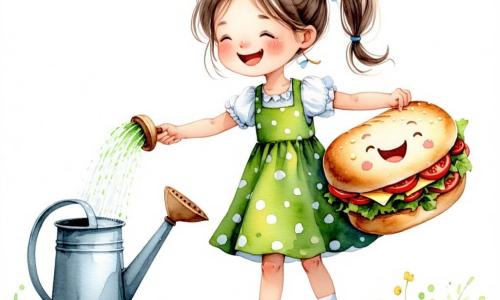 Bambina di 6 anni felice e concentrata, capelli castano chiaro in codini disordinati, occhi grandi e ridanciani, vestita con un vestito verde a pois bianchi, si allunga agilmente per prendere un piccolo annaffiatoio su ruote tenendo nell'altra mano un grande panino sorridente; nel suo cestino un panino antropomorfo, rotondo e dorato con fette di pomodoro e formaggio visibili, occhi vivaci e bocca ridente, osserva ridendo la scena. La maestra Rina, circa 35 anni, occhiali tondi e maglione senape, sorride dalla porta con un taccuino in mano. A sinistra su una scrivania c'è una pianta tromba verde e carnosa con una foglia a forma di bocca che soffia piccole note musicali come bolle. L'annaffiatoio metallico verde menta su ruote si muove verso la bambina mentre una minuta fogliolina vola dal suo pollice verso l'annaffiatoio. Interno della Classe Verde: pareti verde tenue, tende verde vivace, banchi in legno chiaro, una sedia imbottita al centro e un grande barattolo di vetro etichettato "SUONI SMARRITI" con piccole bolle-sonoro colorate su uno scaffale. Situazione giocosa e surreale: la bambina recupera con aria determinata tre piccoli "schiocchi" personificati, rappresentati da tre lucciole luminose o bolle sonore, sparsi nella classe; atmosfera gioiosa, colori tenui e texture acquerello con luce calda e riflessi scintillanti.