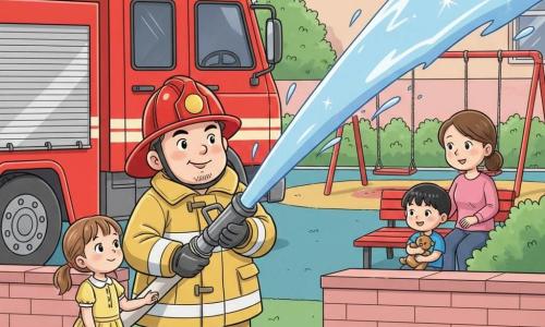 A thirty-something firefighter with a round smiling face, determined but kind expression, shiny red helmet and yellow reflective jacket holds a large hose spraying a white-blue jet at orange flames; a six-year-old girl with light-brown pigtails in a yellow dress holds his hand and watches admiringly from the sidewalk; a five-year-old boy with short black hair in a blue T-shirt clutches his comfort toy while sitting slightly back on the playground; a relieved teacher in her thirties with tied-back hair counts the children beside a red bench; the schoolyard has colorful rubber flooring, red swings, a pink brick wall and a large red fire truck parked to the left; flames come from a background window but the firefighter's powerful spray creates sparkling droplets and the children are safely gathered in the foreground, evoking courage and comfort.