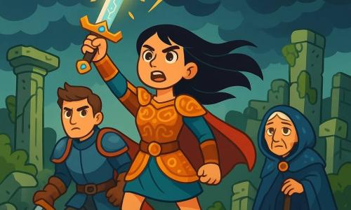 Kaela, a brave young woman around 20 years old, stands proudly atop a golden dune, her face marked by determination and hope. She wears light armor adorned with ancient patterns, and her long black hair flows in the wind. In her right hand, she brandishes a shimmering sword, illuminated by magical runes. Beside her, King Toran, a young man about 25, is clad in robust armor, with brown hair and piercing eyes, ready to defend Kaela with a resolute and protective expression. Further away, a wise old woman, Mother Anera, around 60 years old, observes the scene with a kind gaze, her wrinkled skin and cloak adorned with mystical symbols. The setting is that of an ancient ruined kingdom, with collapsed columns and stones covered in lichen, while a stormy sky rumbles above, creating an atmosphere of tension and mystery. The main scene shows Kaela raising her sword to the sky, ready to unite the people against a dark threat, as lightning illuminates her determined face, symbolizing hope and the struggle for freedom.