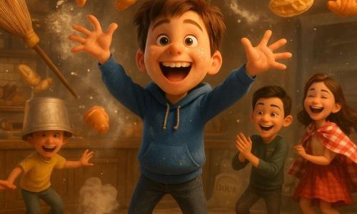An 11-year-old boy named Marvin, round-faced with flour-speckled skin, messy chestnut hair, laughing with his arms raised while animated pies and croissants whirl around him; behind and to his right, Felix, about 11, short black hair and a mischievous grin, shines a flashlight and applauds; nearby a 12-year-old girl wearing a red-and-white checked tablecloth cape dances and laughs, a 12-year-old with a bucket on his head slips on a puddle of icing to the left, and another 11–12-year-old with a colander on his head is covered in cream in the background; interior of a cozy bakery with a worn wooden counter, warm-lit glass display, torn flour sacks creating powdery clouds, shiny steel ovens, striped white-and-brown tiles, and stacked baguette packages, all amid joyful, comic chaos of dancing pastries, swirling brooms, floating cloths, and flour patterns in golden, festive light.