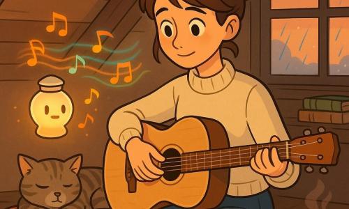 Mira, a young adult with a soft, focused face, bright eyes and a shy smile, wearing a cream wool sweater and blue skirt with chestnut hair in a loose bun, gently strums a light‑wood acoustic guitar near a small glowing lantern; the Humming Lantern, a frosted glass lamp with an amber inner glow and a tiny luminous face, floats nearby sending visible colorful musical waves, while a grey tabby cat naps on a red cushion; they are in a cozy attic with exposed beams, a rain‑streaked fogged window, cluttered shelves, a wooden metronome and a steaming cup of tea on a low table as Mira softly sings to prepare for a concert, creating a warm, intimate, magical atmosphere.