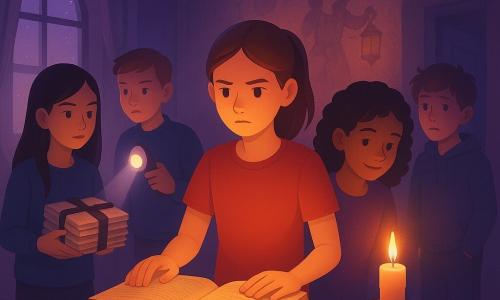 Five children in a small round room called "the heart chamber": Mara, ~11, chestnut hair in a ponytail, determined, hands on an old open book standing center in front of a small wooden pedestal holding a tin music box and yellowed letters; Junie, ~11, curly hair, mischievous smile, gently touching a small lit candle to Mara's right; Tess, ~11, straight black hair, focused, holding a stack of letters tied with a black ribbon slightly behind Mara to the left; Eli, ~12, short hair, holding a metal flashlight like a scepter illuminating the scene from back-left with visible beams; Ben, ~11, tousled hair, half-frightened half-amused, hands in pockets at back-right glancing toward a half-open door. The room has faded frescoes of a girl with a lantern, worn plank floor, a new candle casting warm long shadows, high windows filtering violet dusk, torn curtains and dust in the rays. The five children have found Lucinda's letter and lit the candle; the flickering light reveals the music box and frescoes, creating a gently eerie atmosphere with warm candlelight against cool violet background, composition centered on the pedestal and the children's illuminated faces.