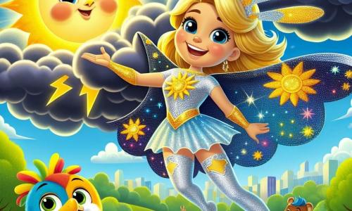In het midden van de afbeelding vliegt Zonnige Ster, een superheldin, door de lucht. Ze is een vrouw met gouden haren die glanzen als zonnestralen. Haar glinsterende cape is versierd met zon- en wolkenpatronen en ze heeft een grote glimlach vol vreugde en vastberadenheid. Ze steekt haar hand uit naar een grote donkere wolk, klaar om met hem te praten. Dichtbij vliegt een klein kleurrijk vogeltje, een nevenpersonage, om haar heen. Het is een jongen van nog geen 5 jaar, met gele en blauwe veren. Hij lijkt enthousiast en nieuwsgierig, terwijl hij in de lucht rondtolt om Zonnige Ster aan te moedigen. Onderaan, in een groene park, kijken verschillende dieren zoals konijnen en eekhoorns bewonderend toe. Ze zijn allemaal samengekomen, klaar om hun superheldin-vriendin te helpen. De achtergrond toont een stralende blauwe lucht, bezaaid met enkele witte wolken en de schitterende zon. Daaronder is de stad vol levendige kleuren, met groene bomen en kleurrijke bloemen. De belangrijkste situatie toont Zonnige Ster, vol moed, terwijl ze de grote donkere wolk aanspreekt en voorstelt om samen te spelen en regenbogen te creëren, waardoor een bedreiging in een mooie vriendschap verandert.