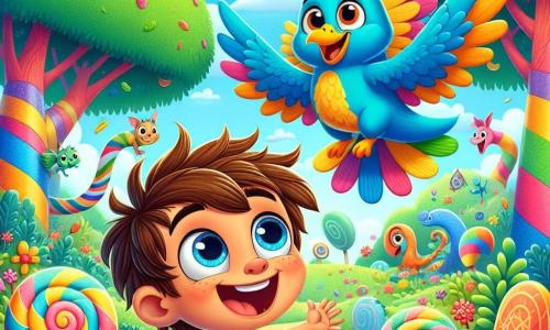 Um menino de 6 anos, Tico, com cabelos castanhos bagunçados e olhos cheios de curiosidade, está no centro da imagem, sorrindo entusiasticamente enquanto observa um engraçado porquinho voador colorido. Tico usa uma camiseta listrada azul e um short verde, pulando de alegria com os braços levantados para o céu. Ao seu lado, Pipo, um pequeno pássaro azul vibrante com bico amarelo, voa alegremente ao redor de Tico, expressando grande empolgação. Ao fundo, a Draga-Feliz, uma criatura mágica parecida com um dragão, com penas de todas as cores do arco-íris, flutua no ar, sorrindo e observando a cena com benevolência. O cenário é uma floresta encantada, repleta de árvores de troncos multicoloridos e flores gigantes que parecem dançar ao vento. Nuvens em forma de doces flutuam em um céu azul brilhante, adicionando um toque de magia. A situação principal mostra Tico e Pipo ajudando o porquinho voador a encontrar uma grande cenoura dourada presa nos galhos de uma árvore, criando uma atmosfera de camaradagem e aventura alegre.