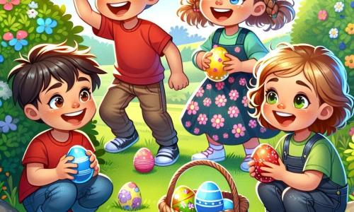 In un parco soleggiato, quattro bambini sono riuniti per una caccia alle uova di Pasqua. Luca, un ragazzo di 8 anni con capelli castani e una maglietta rossa, è accovacciato vicino a un cespuglio, sorridendo e tenendo in mano un uovo blu brillante. Sofia, una ragazza di 7 anni con capelli biondi intrecciati e un vestito a fiori colorati, è in piedi su una piccola panchina di legno, alzando le braccia in segno di entusiasmo e gridando di gioia. Marco, un ragazzo di 9 anni con capelli castani e un cappellino verde, sta cercando nell'erba con occhi curiosi, con un cestino pieno di uova colorate ai suoi piedi. Giulia, una ragazza di 6 anni con capelli ricci e una salopette blu, è seduta sull'erba circondata da fiori, tenendo un uovo a forma di cuore con stelle dorate. Il parco è pieno di fiori sgargianti, alberi verdi e un cielo blu chiaro con nuvole bianche e soffici. I bambini si divertono a cercare uova nascoste tra i fiori e i cespugli, ridendo e incoraggiandosi a vicenda in un'atmosfera festosa e gioiosa.