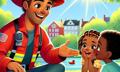 A firefighter named James is depicted with a warm smile, wearing a bright red uniform and a shiny safety helmet. He has slightly tousled brown hair and sparkling eyes as he tells stories to children. Next to him, an 8-year-old boy named Tommy with messy blonde hair and a blue t-shirt listens attentively, wide-eyed, sitting on the grass, captivated by James's tales. Lily, a 7-year-old girl with braided brown hair and a flower dress, is also present, sitting cross-legged, smiling and raising her hand to ask questions. The scene takes place in a sunny park with lush trees, colorful flowers, and a small pond where ducks swim peacefully. James shares stories from his firefighting career, captivating the children with heroic adventure tales while the sun shines above them, creating a joyful and inspiring atmosphere.