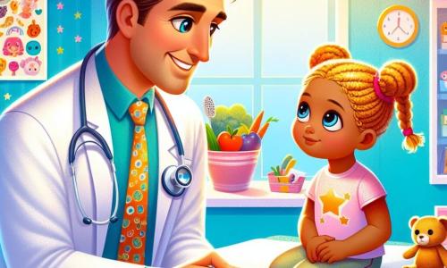 Un uomo, il dottor Riccardo, sorridente e benevolo, indossa un camice bianco brillante e ha uno stetoscopio al collo. Ha i capelli castani e occhiali rotondi che gli danno un'aria intelligente. Sta esaminando una bambina, Elisa, di otto anni, che ha gli occhi ben aperti, un po' nervosa ma curiosa, seduta su un lettino. Elisa ha i capelli biondi e trecce, indossa una maglietta rosa con stelle. Guarda il dottore con un'espressione di attesa, tenendo un piccolo orsetto di peluche tra le braccia. La scena si svolge in uno studio medico luminoso e accogliente, con pareti dipinte di azzurro chiaro, poster colorati sulla salute e giocattoli sparsi su uno scaffale. Una finestra lascia entrare la luce del sole, illuminando la stanza. Il dottor Riccardo spiega con calma a Elisa l'importanza di mangiare frutta e verdura, mostrandole una ricetta colorata che ha disegnato per lei, piena di disegni di carote e mele sorridenti.