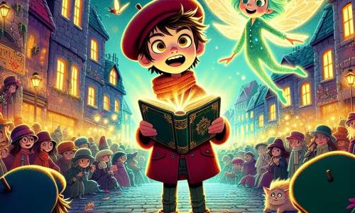 Un ragazzo di 10 anni, di nome Luca, si trova al centro di una piazza animata, con occhi brillanti di curiosità e un ampio sorriso sul volto. Indossa un piccolo cappotto rosso usurato, un berretto di lana e stivali di pelle, mentre tiene in mano un libro antico dalle pagine scintillanti. Accanto a lui, una piccola fata dai capelli verdi fluo, di nome Fiamma, vola gioiosamente, con ali trasparenti che brillano sotto la luce dorata. Ha un'espressione maliziosa e indossa vestiti fatti di petali di fiori. Sullo sfondo, la piazza è circondata da edifici in pietra dai tetti colorati, illuminati da lanterne volanti. Creature magiche, come draghi in miniatura e gatti a due code, si mescolano alla folla, aggiungendo un tocco di magia all'atmosfera. La scena mostra Luca mentre recita un'incantesimo con passione, mentre un raggio di luce sprizza dal libro, dissipando una nebbia scura che avvolge la città. L'espressione di determinazione sul suo volto mostra che è pronto ad affrontare l'avventura che lo attende.