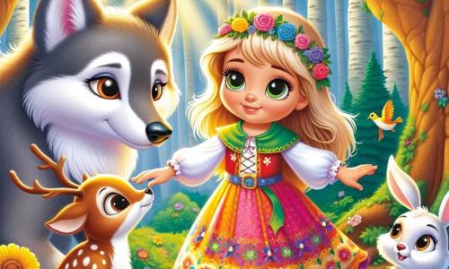 Una bambina di 5 anni, di nome Livia, si trova al centro della scena. Ha grandi occhi curiosi e capelli dorati che brillano come il sole. Il suo viso esprime una dolce determinazione e indossa un vestito colorato decorato con fiori. Avanza con un leggero sorriso, tendendo la mano verso un grande lupo dal pelo grigio, che appare triste e solitario. Accanto a lei, un coniglietto dalle grandi orecchie e pelo bianco osserva la scena con occhi tondi, mentre un cerbiatto carino, con pelo marrone e macchie bianche, sta un po' in disparte, incuriosito dalla situazione. Un uccello blu, posato su un ramo, cinguetta allegramente, portando un tocco di vita all'insieme. Il luogo è una foresta incantata, con alberi maestosi dai tronchi spessi e foglie verdi brillanti. Fiori colorati crescono sul terreno e raggi di sole filtrano tra i rami, creando un'atmosfera magica e calorosa. La scena principale mostra Livia che si avvicina coraggiosamente al lupo, tendendo la mano per offrirgli la sua amicizia, mentre gli animali la osservano con curiosità e speranza, illustrando il momento in cui la paura si trasforma in comprensione e compassione.