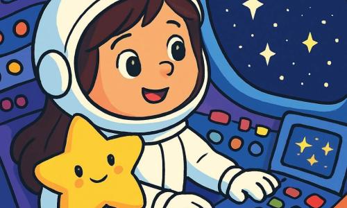 Una donna di nome Anna, con lunghi capelli castani e occhi scintillanti di curiosità, è seduta in una navicella spaziale brillante. Indossa una tuta spaziale bianca che brilla sotto le luci colorate della cabina. Il suo volto esprime grande eccitazione e un leggero sorriso mentre guarda fuori dal finestrino. Accanto a lei, un peluche a forma di stella, morbido e soffice, è abbracciato a lei come un amico fedele. La cabina è piena di pulsanti colorati, luci lampeggianti e schermi che mostrano stelle scintillanti. All'esterno, l'immensità dello spazio nero è punteggiata da migliaia di stelle brillanti. La scena principale mostra Anna pronta al decollo, con le mani sul cruscotto, mentre la navicella vibra dolcemente, pronta a volare verso le stelle.