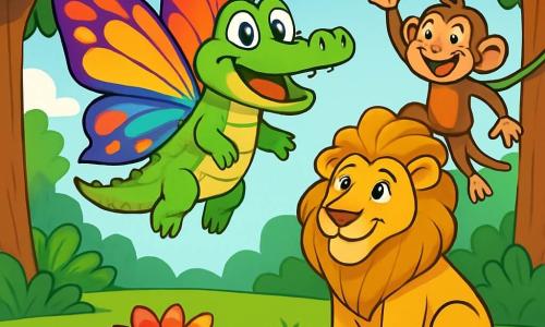 Un giovane coccodrillo di nome Kiko, con una pelle verde brillante e occhi pieni di curiosità, vola felicemente nell'aria grazie alle sue ali di farfalla multicolori, mostrando un ampio sorriso meravigliato. Nei pressi, Leo, un maestoso leone con una criniera dorata e uno sguardo amichevole, osserva Kiko con ammirazione, mentre Mila, una piccola scimmia birichina con pelo marrone e occhi maliziosi, salta di ramo in ramo ridendo di gioia. La scena si svolge in un radura soleggiata della giungla, circondata da alberi imponenti con foglie lussureggianti e una piccola distesa d'acqua scintillante dove galleggia un magnifico fiore dai petali arcobaleno. Kiko, meravigliato dalla sua trasformazione magica, mostra ai suoi amici la bellezza del mondo visto dall'alto, mentre condividono un momento di felicità e meraviglia insieme.