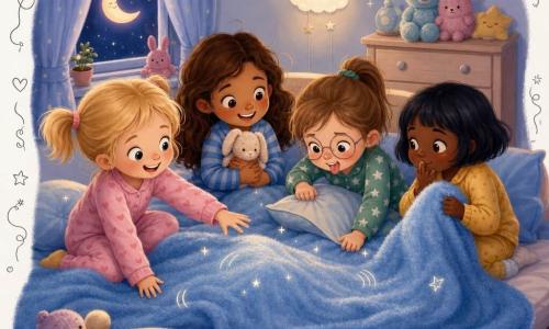 Quattro bambine di circa 6 anni: Emma bionda con due codine in pigiama rosa a cuori a sinistra che porge la mano sotto la coperta sorridendo, Sofia castana ondulata con lentiggini in pigiama blu a righe centro-sinistra che tiene un peluche e ride guardando la coperta che si muove, Lucia castano chiaro in coda con occhiali rotondi in pigiama verde a stelle centro-destra che fa una smorfia cercando una rotella sotto il cuscino, Nora capelli neri corti in pigiama giallo senape a destra che stringe la coperta e sussurra ai sogni; ambientazione in una piccola stanza azzurra con letto singolo e grande coperta azzurra soffice che le avvolge come un abbraccio, cassettiera chiara, pupazzi agli angoli, luna sul vetro e luce calda di una lucina a forma di nuvola; situazione: le quattro sotto la stessa coperta che si muove come se sogni saltellassero sotto, espressioni gioiose e risate trattenute, dettagli divertenti come una rotella colorata che spunta, un calzino che solletica e doodle di farfalle e stelle in sovraimpressione; stile pastello, tratti morbidi, texture peluche, atmosfera tenera e spiritosa.