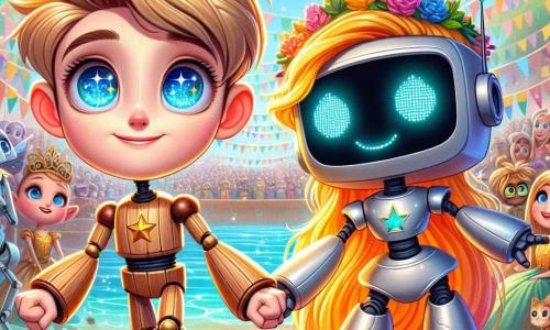 Pinocchio, un ragazzo di legno con una pelle di porcellana liscia e occhi brillanti come stelle, esprime determinazione e coraggio. È in piedi, con i pugni chiusi, pronto a difendere un amico, con capelli dorati che brillano al sole. Accanto a lui c'è Aurora, una ragazza robot con capelli blu vivaci e occhi luminosi, che sorride gentilmente tenendo la mano di Robby, un robot dal corpo argentato e tratti amichevoli, che guarda con gratitudine. La scena si svolge vicino a un fiume scintillante, circondato da alberi dalle foglie multicolori e stand colorati della Grande Fiera delle Differenze, dove creature fantastiche si radunano. Pinocchio e i suoi amici si trovano davanti a un gruppo di persone che li guardano sorpresi mentre difendono Robby dalle derisioni. L'atmosfera è vibrante, piena di energia e speranza, illustrando la bellezza dell'accettazione e dell'amicizia.