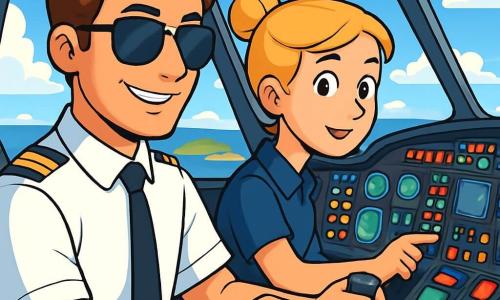 Un piloto de avión, un hombre de unos treinta años con cabello castaño y gafas de sol, está en la cabina, mostrando una sonrisa confiada y concentrada. Lleva una camisa blanca impecable y una corbata negra, mientras ajusta los controles con seguridad. A su lado, una joven, Elena, de unos 25 años, con cabello rubio recogido en un moño, observa atentamente los instrumentos, con el rostro marcado por la emoción y la determinación. La cabina está llena de luces parpadeantes e instrumentos brillantes, ofreciendo una vista panorámica de un cielo azul salpicado de nubes blancas esponjosas. En el fondo, se pueden ver islas verdes y playas doradas a través de la ventana. La escena principal muestra al piloto y su copiloto preparándose para el despegue, rodeados de equipo de vuelo, con una atmósfera de camaradería y aventura palpable en el aire.