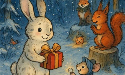 Ein kindlicher Hase (Hauptfigur) mit langen weichen Ohren, cremeweißem Fell mit grauen Flecken, runden glänzenden Augen und schüchternem Lächeln hält zart ein rotes Päckchen mit großer goldener Schleife, stolz aber etwas unbeholfen; eine freundliche Eichhörnchenfreundin mit feuerrotem, buschigem Fell und schelmischem Blick steht rechts auf einem Baumstumpf und klatscht leise; eine winzige Maus in blauer Mütze, vergnügt, reicht eine Perlen-Funkel zum Schleifenende, in der Schneehocke vor dem Hasen; ein Fuchs mit Tannenschal sitzt hinten auf einem Felsen, eine Kürbislaterne daneben, lächelt wohlwollend und beobachtet die Szene; Schauplatz ein verschneiter Waldweg bei Nacht mit dichten schneebedeckten Bäumen, Beerengirlanden und kleinen Laternen, die warmes Licht spenden, knirschender Schnee und funkelnder Reif; Hauptsituation: ein warmes Weihnachtsmoment, der Hase übergibt sein sorgfältig zubereitetes Geschenk, sanftes Licht, kontrastreiche Tintenfarben, gemütliche Atmosphäre, klare Komposition und ausdrucksstarke Gesten.