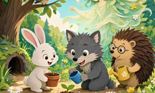 Little Wolf (main) — a small gray wolf with soft fur, big round bright eyes and rounded ears, joyful, kneeling beside a tiny tender green sprout emerging from the soil while holding a small blue cup pouring water; Rabbit (secondary) — a small white rabbit with long pink ears and a playful smile, holding a terracotta pot with another sprout to the left, looking enthusiastically at the sprout; Mrs. Hedgehog (secondary) — a round teacher hedgehog with stylized brown quills, round glasses and a kind expression, standing slightly back to the right holding a yellow watering can; Spring Spirit (imaginary) — a light translucent silhouette of pale green leaves and petals with a flower-crown, floating gently above like a visible breeze; Setting — a sunlit spring forest path in soft morning light, dewy green grass dotted with white daisies and yellow buttercups, a tree with a robin on a branch in the background and the wolf’s den tucked at the back left; Scene — a tender calm moment as the first sprout breaks through the soil, composition centered on the sprout with the three characters in a semicircle, bright contrasting colors (soft greens, warm yellows, sky blue), crisp paper-cut textures, soft shadows and clear outlines for a warm childlike look.