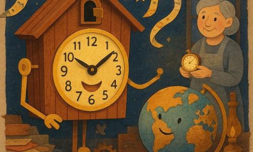 Tic, un grande orologio a cucù in legno con un volto tondo sorridente, è entusiasta: le lancette-braccia si tendono verso una leva che aziona e il quadrante emette un bagliore dorato; Globo, un vecchio mappamondo su piedistallo di ottone, è curioso e stupito, ruotando leggermente accanto a Tic con continenti dipinti a mano; sullo sfondo a destra una venditrice di antichità anziana tiene un piccolo orologio magico luccicante con sorriso benevolo; l'officina è piena di pile di mappe strappate di carta colorata, ingranaggi arrugginiti, pezzi di orologio, lampade a olio e finestre appannate che filtrano una luce crepuscolare calda; nastri del tempo decorati con orologi e stelle serpeggiano nell'aria; la scena mostra il momento di attivazione della macchina del tempo, energico e incantato, in stile collage di carta ritagliata con texture di cartone e pittura, bordi visibili e una palette miele, blu notte e rame, composizione centrata su Tic e Globo.