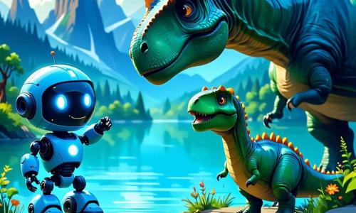 Rolo, un pequeño robot alegre con una luz azul brillante en su cara, está al borde de un gran lago prehistórico, con los ojos abiertos de asombro. Tiene forma redonda y brazos articulados, y levanta una mano para saludar a un gigantesco brontosaurio que se inclina hacia él, mostrando una sonrisa amistosa. A su lado, Dino, un pequeño dinosaurio verde con manchas amarillas, salta de alegría, su cola moviéndose de emoción. Trixie, una tortuga de caparazón colorido, está un poco más atrás, sonriendo y observando la escena con ojos llenos de curiosidad. El lugar es un paisaje prehistórico vibrante, con árboles gigantes, flores de colores brillantes y montañas lejanas bajo un cielo azul claro con nubes esponjosas. La situación principal muestra a Rolo y sus amigos descubriendo juntos la belleza de la prehistoria, mientras el brontosaurio se acerca para jugar, creando un momento mágico de amistad y asombro.