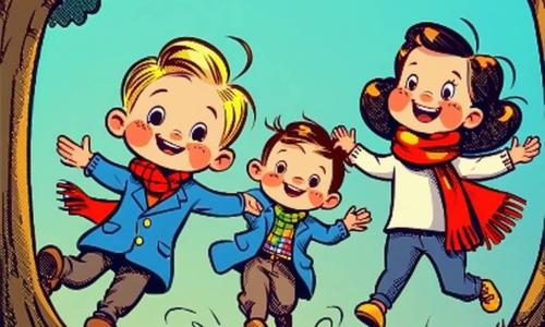 Vijf personen: vier jongens van ongeveer 8 jaar — Jens (kort blond haar, blauwe jas) glijdt licht naar voren links met armen wijd, Sam (bruin krullend haar, rode sjaal) staat rechts van Jens en lacht, Daan (kastanjebruin haar, groene jas) skate zachtjes iets achter hen, Bram (zwart haar, gele jas) staat rechts en wordt door de anderen gesteund — en een vrouwelijke coach (Eva, ~30, haren in knot, rode jas) applaudisseert vanaf de rinkrand linksachter. Plaats: grote overdekte ijsbaan met lichte houten wanden, grote rijpige ramen, glanzend blauwachtig ijs, houten banken en enkele kleurrijke kegels. Situatie: de vier jongens schaatsen bijna hand in hand als een vrolijke rij; één wankelt maar wordt geholpen, de coach moedigt aan, warme winterse sfeer met heldere kleuren en glinsterend ijs.