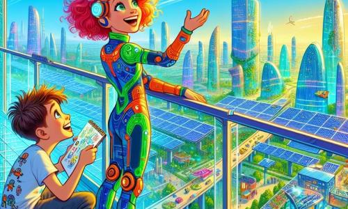 Una ragazza di 12 anni, Maya, con capelli ricci e lucenti, indossa una tuta futuristica dai colori vivaci e si trova su un balcone in vetro trasparente, con gli occhi scintillanti di eccitazione e un ampio sorriso. Osserva con meraviglia i veicoli volanti che passano nel cielo azzurro, tenendo un taccuino da disegno in una mano, pronta a schizzare le sue idee per un futuro sostenibile. Accanto a lei, il suo amico Lucas, un ragazzo di 12 anni con capelli corti e disordinati, indossa una maglietta con motivi di robot. È chinato su un piccolo drone che sta cercando di programmare, ridendo gioiosamente mentre lancia idee a Maya. Il loro balcone si affaccia su Lumina City, una città futuristica con grattacieli in vetro scintillante, circondata da giardini verticali lussureggianti e passerelle luminose. Pannelli solari si estendono come ali sopra i tetti e fiori colorati sbocciano sui balconi vicini. Maya e Lucas discutono con entusiasmo dei loro progetti per il concorso "Crea il Futuro Sostenibile", immaginando invenzioni che renderebbero la loro città ancora più verde e innovativa, mentre osservano lo spettacolo affascinante della città in movimento.