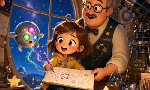 A smiling, wide-eyed 6-year-old girl, Stella, with short brown hair and a stray lock, wearing a yellow jacket and sneakers, sits on a stool by a rounded-window holding a large white sketchbook and a purple pencil; behind a wooden table to the right stands Mr. Benson, about 50, round-faced with thick glasses and a vest with star patches, looking surprised and protective with his hand on the sketchbook's corner; a small silver orb-shaped alien with three glowing eyes (blue, green, pink), tiny silver wings/arms and a friendly expression floats before the window with its hatch open and colorful sparkles around it; the cozy observatory interior has planet posters and a large black-and-silver telescope aimed skyward with warm light and star reflections; main scene: the girl and alien gaze at each other and draw together—purple pencil on the sketchbook with star drawings, the alien emitting small light trails, tender curious atmosphere centered on the window and telescope.