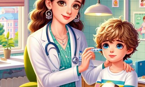 In uno studio medico accogliente, una giovane dottoressa, Sofia, è al centro dell'immagine. Ha capelli castani ondulati, occhi pieni di compassione e indossa uno stetoscopio attorno al collo. La sua espressione è dolce e rassicurante mentre esamina un giovane ragazzo, Luca, sdraiato su un lettino, con un atteggiamento attento e protettivo. Luca, un bambino di sette anni, ha capelli biondi arruffati e occhi blu pieni di preoccupazione. È seduto sul lettino, indossando una maglietta colorata, e guarda Sofia con speranza, tenendo un peluche per confortarsi. Lo studio medico è decorato con colori pastello rilassanti, con poster educativi sui muri, giocattoli per bambini in un angolo e una luce soffusa che filtra dalle finestre. Una pianta verde aggiunge un tocco di vita all'ambiente. La scena principale mostra Sofia mentre somministra un trattamento a Luca, che ha avuto un malore. Sofia, con uno sguardo concentrato, utilizza una siringa di adrenalina per stabilizzare le condizioni di Luca, mentre il ragazzo, sebbene nervoso, inizia a sentirsi meglio grazie al suo intervento.