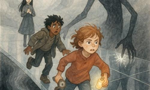 Mara, 12, round face with freckles and messy light brown hair, determined but anxious, clutches a small glowing vial and a cracked compass while running straight ahead on a glossy glass bridge; Jonah, ~12, messy black hair, panicked but brave, stumbling behind her and looking over his shoulder, wearing an oversized jacket; Lark, ~12, pale with straight black hair and light gray eyes, stands a few paces at the bridge's edge, calm and sad, holding an empty vial to her chest; the Listener, a tall, shadowy creature with elongated, distorted limbs and hollow ears like crumpled shadow, trails them on the bridge, its hand skimming the reflective surface and causing luminous cracks as mirror shards fall into a black chasm below; setting: a transparent, mirror-like bridge suspended above a void emitting a whirl of silver dust, cold gray-silver-blue tones; main tension: dramatic pursuit with emphasis on reflections, the warm glow of the vial, and the swirling silver dust.