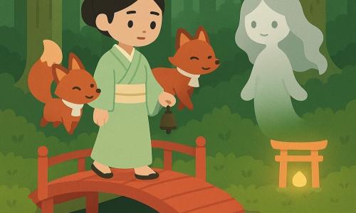 Main woman: Miyako, ~30, calm determined expression, soft eyes and slightly furrowed brows, wearing a tea-green kimono with a cream obi, walking slowly on a lacquered red bridge holding a small bronze bell in her right hand; secondary: a silky red fox with a bushy tail and mischievous but kind eyes, wearing a small white paper strip around its neck, floating beside the bridge as if guiding Miyako; secondary: Kotoha, a spirit as a fluid silhouette in a pale gray robe with silver floating hair and a serene, feature-soft face, standing at the end of the bridge near a small glowing torii; setting: cedar forest clearing with tall straight trunks and thick moss, green filtered light, a black ink-like river reflecting the red bridge and small paper lanterns suspended above; mood: peaceful and mysterious, strong contrast between the bright red bridge and dark water with golden lantern highlights, centered composition, minimalist graphic style with flat colors and soft outlines.