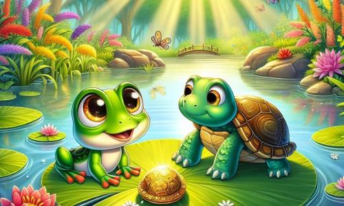 A little frog named Freddie, with shiny green skin and sparkling curious eyes, stands on a large lily pad in the center of a shimmering pond, a look of wonder on his face. Next to him, Tilly, a turtle with a colorful shell and gentle eyes, leans forward, looking enthusiastic as she enjoys a lily pad leaf. In the background, vibrant flowers and dragonflies dance around them, while rays of sunlight filter through the majestic trees surrounding the area. The scene captures the moment when Freddie discovers a mysterious golden object at the bottom of the pond, ready to embark on a great adventure.