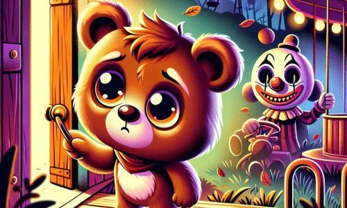 A brown bear with round, shiny eyes named Bram stands in front of an old wooden door, his face marked by curiosity and slight fear. He has soft, tousled fur, and his paws tremble slightly as he lifts the trapdoor. Nearby, a blurry shadow of a sad clown with a painted white face and a distorted smile watches Bram, its empty eyes reflecting a haunting melancholy. The setting is an abandoned fairground, with rusty rides, turned-off lights, and dead leaves swirling in the cool night air. The scene captures the moment when Bram hesitates to descend into the darkness, drawn by a mysterious melody floating around him, creating an atmosphere that is both magical and frightening.