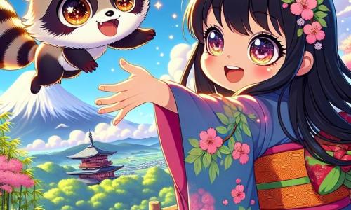 Saki, a 10-year-old girl, stands at the top of a mountain, her eyes sparkling with curiosity and joy. She has long black hair flowing in the wind and wears a traditional kimono adorned with cherry blossom patterns in vibrant pink and green. She reaches out to a small tanuki, Tama, who floats above her, his soft, silky fur shining in the sun, with playful eyes and a mischievous smile. Tama is a small spirit with a raccoon-like face, pointy ears, and a bushy tail, seemingly dancing in the air, surrounded by tiny magical sparks. The backdrop features a panoramic view of the sacred mountain, with cherry blossom trees lining the path, fluffy clouds floating above, and a bright blue sky. Below, a bamboo forest stretches as far as the eye can see, its green stalks swaying gently in the breeze. The main scene shows Saki and Tama celebrating their victory after finding the precious magical foliage, surrounded by the beauty of nature, with colorful birds flying around them and sunlight illuminating their shared happiness.