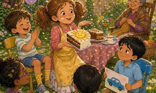 An 8-year-old girl with light brown pigtails, flour on her cheeks and a yellow apron holds a large slice of cake topped with a sugar sun and blows the last crumbs, smiling with bright eyes; to her left a laughing ~5-year-old little brother with short brown hair and mismatched yellow socks claps his hands, a gray-haired grandmother in a plaid shawl sits knitting and smiling in the background to the right, and a shy but happy newly arrived 7-year-old boy named Arman with black hair and a light blue polo sits up front holding a drawing of a car; they celebrate outdoors in a sunny garden of green grass and daisies with colorful paper garlands, pastel balloons and golden confetti over a rustic wooden table with a pink polka-dot cloth and mismatched chairs, as late-afternoon light creates a warm, joyful birthday atmosphere.