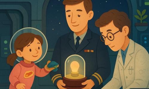 A soft-featured male commander with short chestnut hair and a dark blue captain’s jacket with simple medals holds a glowing glass box on a velvet tray to his chest; an about-eight-year-old girl with two pigtails and a comet sticker on her pink spacesuit floats to his left smiling, offering a smooth stone wrapped in colorful cloth; a roughly 40-year-old scientist with round glasses and a light smock marked with schematic sketches leans at right over a screen of glowing curves watching the box; the Meridian Gate hangar interior shows curved metal doors, colorful cables, green and blue light panels, docking modules, glass accents and floating potted plants with a starry background visible through large windows; mood: a tender but serious transfer with soft light from the box, quiet careful atmosphere, warm character colors against the cool blue hangar; visual style: crisp cut shapes, layered paper textures, soft paper shadows, bright contrasting colors and fine black outlines.